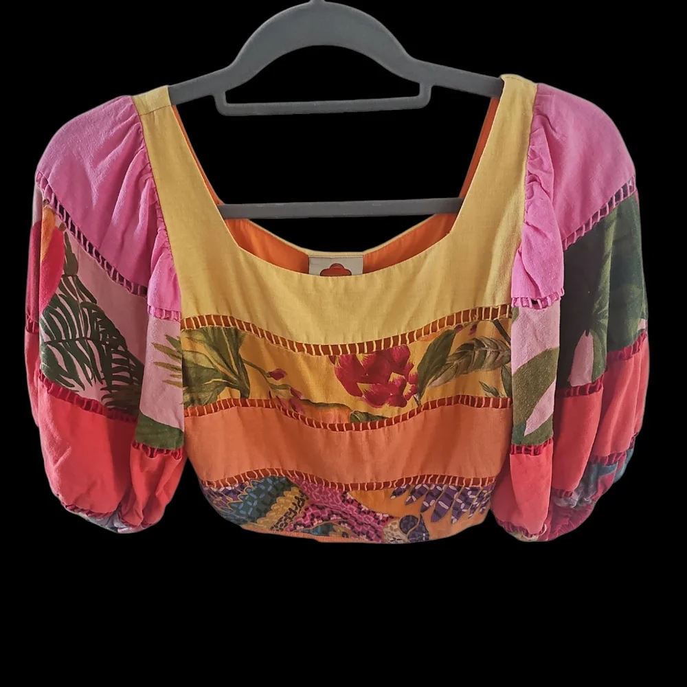 FARM Rio Rainbow Mixed Prints Tiered Linen Blend Top in Mix Print  sz  XS - Picture 3 of 10